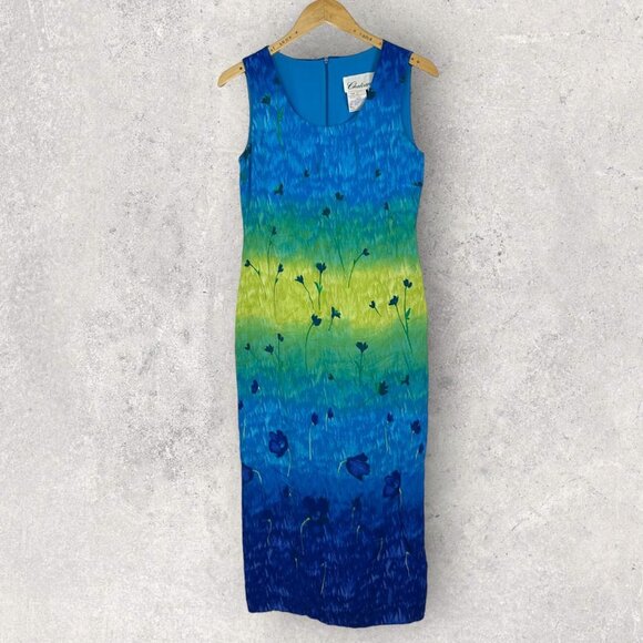 Vintage Chatcarel Bohemian Print Blue Yellow Maxi Shift Dress Size 6 Canada Made - Picture 10 of 11